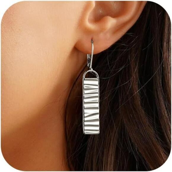 Sterling silver long bar dangle earrings for women lightweight hammered drop - Picture 2 of 7